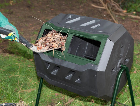 Mr Spin Compost Tumbler With Dual Chamber Design 160 Liter 43 Gallon Capacity Two Leg Stand Green And Black in backyard