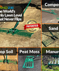 AeroLeveler Dope Pneumatic Lawn Leveling Rake in use on various surfaces: compost, sand, top soil, peat moss, and manure.