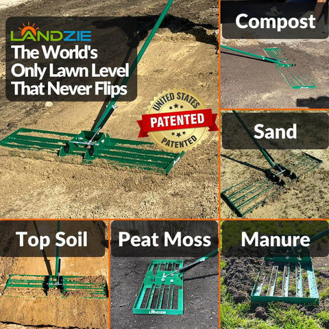 AeroLeveler Dope Pneumatic Lawn Leveling Rake in use on various surfaces: compost, sand, top soil, peat moss, and manure.