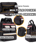 Worksite Ready Tools Backpack With Padded Back Support For Electricians, Plumbers, HVAC Pros And Cable Techs, front and side view showcasing multiple pockets.