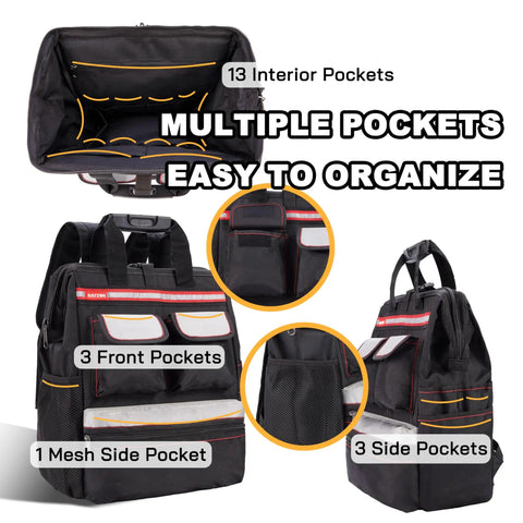 Worksite Ready Tools Backpack With Padded Back Support For Electricians, Plumbers, HVAC Pros And Cable Techs, front and side view showcasing multiple pockets.