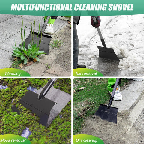 Garden Flat Shovel With 12 Inch Wide Blade And 54 Inch Adjustable Handle shown weeding, removing ice, moss, and dirt.