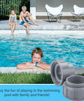 Close-up of a gray 2-inch PVC pipe connector with heater flange, 2-pack, shown beside a pool