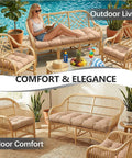 3 Piece Outdoor Wicker Chair Cushions Set For Patio Loveseat And Chaise 47x19x4 Inch Waterproof Cushions With 2 19x19x4 Inch Chair Cushions Khaki For Outdoor Garden Decor, displayed on rattan furniture in outdoor and indoor settings.