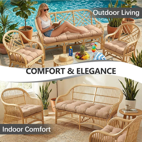 3 Piece Outdoor Wicker Chair Cushions Set For Patio Loveseat And Chaise 47x19x4 Inch Waterproof Cushions With 2 19x19x4 Inch Chair Cushions Khaki For Outdoor Garden Decor, displayed on rattan furniture in outdoor and indoor settings.