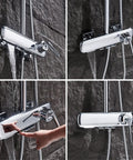 Wall Mount Shower Systems with Rain Shower Handheld and Tub Spout Chrome close-up showing chrome faucet control and water spray modulator.