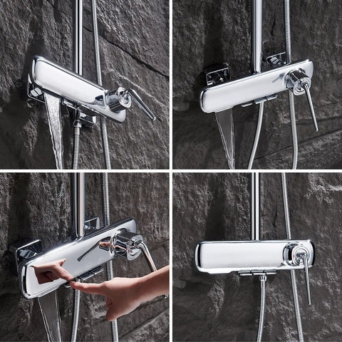 Wall Mount Shower Systems with Rain Shower Handheld and Tub Spout Chrome close-up showing chrome faucet control and water spray modulator.