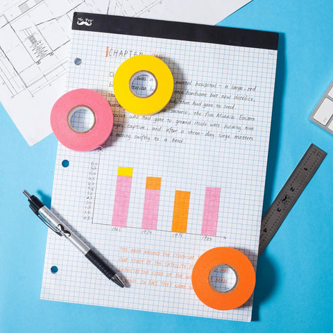 Colored Masking Tape Set 0.6 Inch By 15 Yards 6 Pack In Vibrant Yellow Green Blue Orange Pink Red on graph paper
