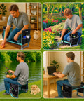 Man using Wide 10 Inch Taller Garden Kneeler And Seat Folding Stool with Dual Use Two Tool Pouches for gardening and fishing