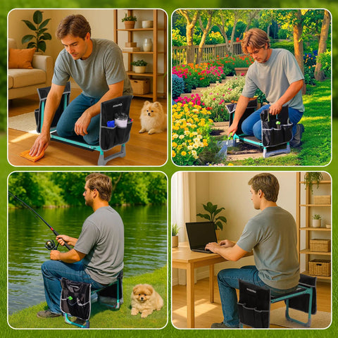 Man using Wide 10 Inch Taller Garden Kneeler And Seat Folding Stool with Dual Use Two Tool Pouches for gardening and fishing