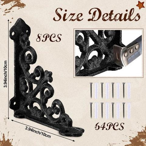 Straight Up Heavy Duty Cast Iron Shelf Brackets Sweet Antique Black Metal Braces decorative shelf bracket with size details.