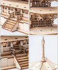 Close-up views of a 3D Wooden Puzzle Craft Kit for Adults and Kids, Five-Storied Pagoda Model Build.