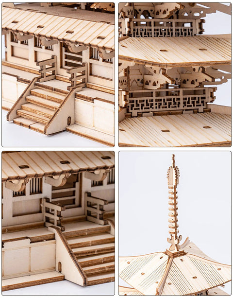 Close-up views of a 3D Wooden Puzzle Craft Kit for Adults and Kids, Five-Storied Pagoda Model Build.