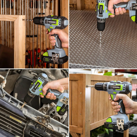 Four views of 20V Cordless Drill Driver Set With 157 Piece Home Tool Kit Including Drill Bits Sockets And Screwdrivers in use