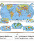 Pull Down World and US Political Classroom Map Set for Grades 9 Plus showing educational panels and global view.