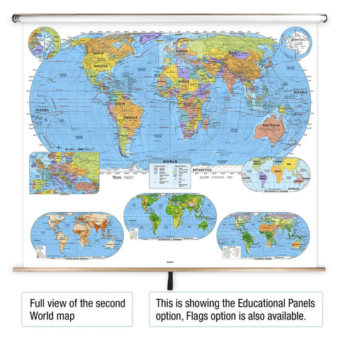 Pull Down World and US Political Classroom Map Set for Grades 9 Plus showing educational panels and global view.