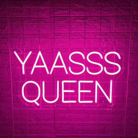 Pink Neon Sign LED Light For Bedroom Wall Decor Large 19.7x11 Inches with 'YAASSS QUEEN' text, safe silicone tubes, acrylic backboard.