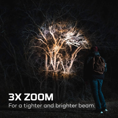 Person using Newton 1500 Lumens Battery Powered Portable Flashlight With 4 Modes, illuminating tree at night in forest.