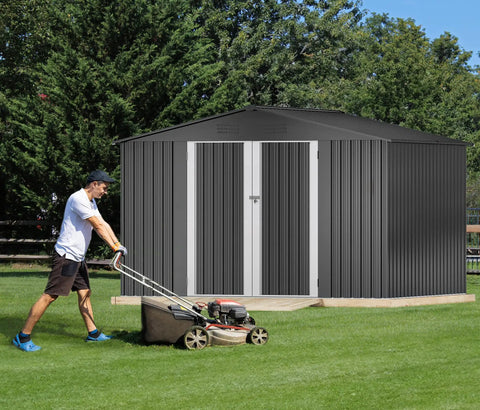 10 By 8 Ft Outdoor Storage Shed With Lockable Doors And Ventilation, spacious metal tool shed, in backyard, dark gray