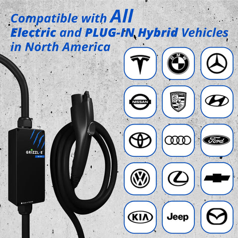 Slick And Hella Tough Portable Electric Vehicle Charger Up To 40 Amp Level 1-2 Fast Charging Station Nema 14-50 Plug 25 Foot Cable with EV compatibility icons.