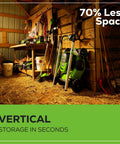 60V Brushless Self Propelled Cordless Lawn Mower With 21 Inch Deck Two 4.0Ah Batteries stored vertically in shed