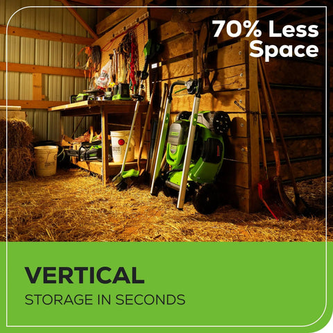 60V Brushless Self Propelled Cordless Lawn Mower With 21 Inch Deck Two 4.0Ah Batteries stored vertically in shed