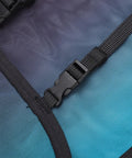 Close-up of the Night Running Vest With High Visibility Reflective Strips showing black buckle on blue breathable polyester