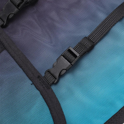 Close-up of the Night Running Vest With High Visibility Reflective Strips showing black buckle on blue breathable polyester
