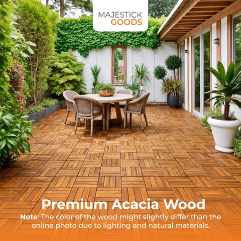 Outdoor patio with Durable Acacia Hardwood Interlocking Deck Tiles For Patios And Walkways Snap Together No Tools Required Raised Base Drainage 12 By 12 Inch Outdoor Flooring 8 Tile Set For Quick Patio Makeover