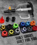 No Spill 18 Piece Engine Oil Funnel Kit With 1.59 Qt Coolant Funnel showing funnel, adapters, and magnetic tray on gray surface.