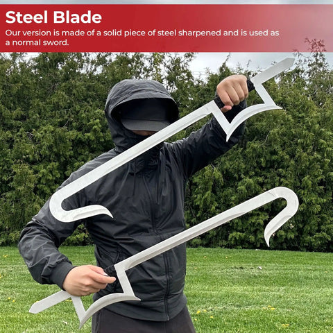 Person holding Chinese Hook Swords Set For Wushu And Martial Arts Training, 33 Inch Durable Alloy Blades outdoors in martial arts stance