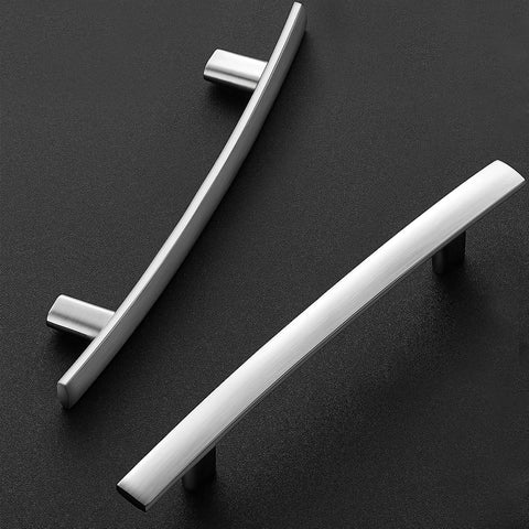 30 Pack 6 Inch Curved Cabinet Pulls Brushed Nickel Zinc Alloy for Kitchen Cupboards And Drawers Arch Style Handles displayed on dark surface