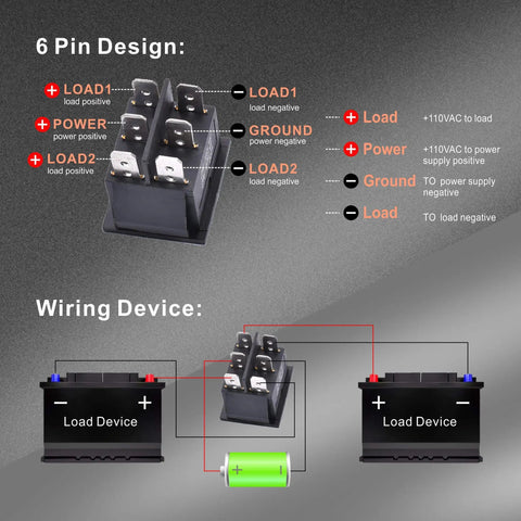 3 Position Rocker Toggle Switch DPDT 6 Pin On Off On Panel Mount For Marine Boat Use 125V AC 20A 250V AC Black Durable Housing With 6 Terminals Ideal For Dash Panels RVs Cars And DIY Electronics wiring diagram with load and power terminals