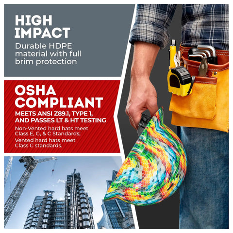 Man holding multi-color vented full brim hard hat with text on OSHA compliance and HDPE protection for job sites.