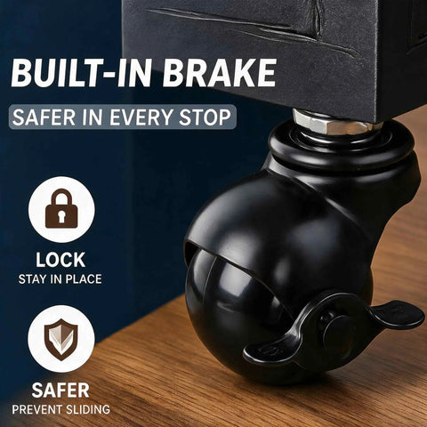 Set Of Four 2 Inch Swivel Ball Casters With Locking Brake M8x15mm Grip Neck Stem For Hassle Free Furniture Upgrade Durable E Coated Black Wheels Delivering Quick Drop Ready Install And Smooth Glide close-up of the built-in brake on caster.