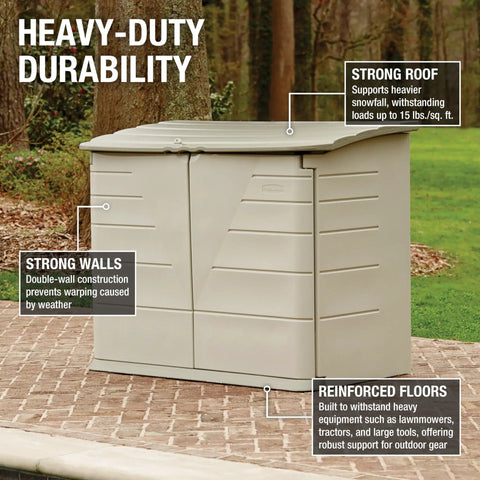 Huge Horizontal Resin Outdoor Storage Shed With Floor 5 By 4 Feet Weather Resistant Beige Brown on patio