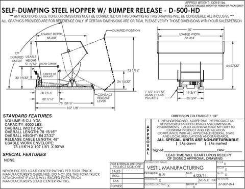 Self Dumping Hopper Forklift Tote Bucket Attachment design drawing 5 cubic yard 6000 lb capacity automatic side dumper
