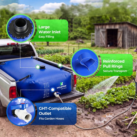 1000L Portable Collapsible Water Bladder Tank For Camping And RV Use Grab And Go Heavy Duty PVC Bag on a truck in a garden