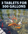 MuckOff Pond Muck Treatment tablets for 500 gallons, natural bacteria and enzymes, visible koi fish in clear pond water.