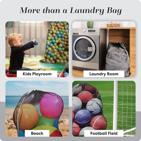 Heavy Duty Mesh Laundry Bag Large 24 By 36 With Secure Drawstring Closure with toys and laundry setup in various locations