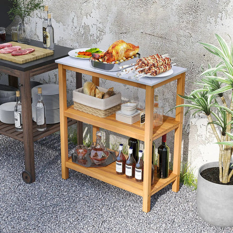 Outdoor Wooden Sideboard With Marble Look Countertop And Three Tier Acacia Buffet Organizer For Patio Yard Ready Potting Bench And Plant Stand For Backyard Garden And Deck Entertaining And Storage, featuring acacia wood and loaded with food and drinks.
