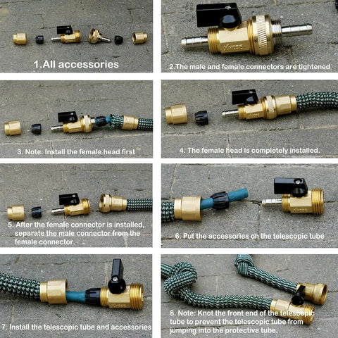 Expandable Hose Repair Kit With Brass GHT Fittings And Ball Valve 0.353 Inch Barb Includes Clamps Leakproof Washer And Teflon Tape