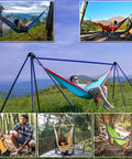 Person relaxing in a colorful hammock outdoors, ideal for use with Beefy 2-Pack 3-Inch Heavy-Duty Carabiner Clips 855 Lb Rating Non-Locking Spring Hook Carabiners For Hammocks Camping Hiking Dog Leash Key Ring Gym Outdoor Gear.