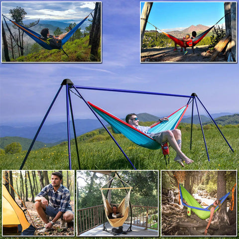 Person relaxing in a colorful hammock outdoors, ideal for use with Beefy 2-Pack 3-Inch Heavy-Duty Carabiner Clips 855 Lb Rating Non-Locking Spring Hook Carabiners For Hammocks Camping Hiking Dog Leash Key Ring Gym Outdoor Gear.