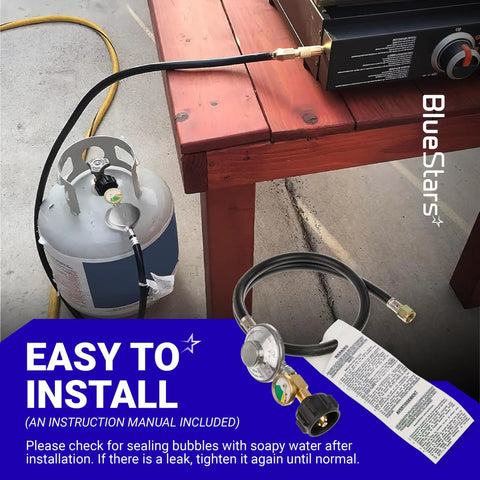 CSA Certified Propane Hose Regulator with Gauge, 3/8 Female Flare, QCC-1 Connector, connected to grill and propane tank on patio