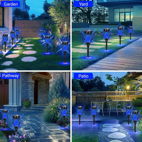 12 Pack Solar Tiki Torch Lights Outdoor Waterproof Blue Flickering Flame For Yard Garden Pathway Patio Ambiance Easy Setup