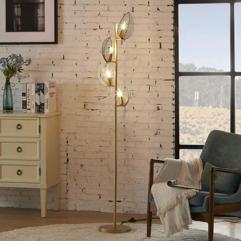 Industrial Gold Floor Lamp With 4 Black Leaf Shades, Modern Tree Style Standing Lamp For Living Room And Bedrooms, Lit Reading Light