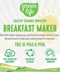 Image highlighting features of GreenLife Breakfast Maker, emphasizing ceramic nonstick, eco-friendly, and PFAS-free benefits.