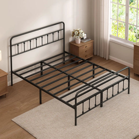 Zero Creak Full Size Metal Bed Frame With Heavy Duty Steel Construction Headboard And Footboard Ready view from above in a bedroom setting.