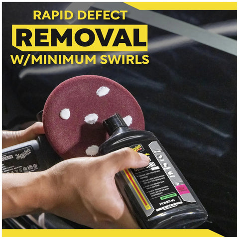 Person holding 8 oz Ultra Cut Car Compound for heavy scratches and swirls removal, used on glossy paint and clear coats.
